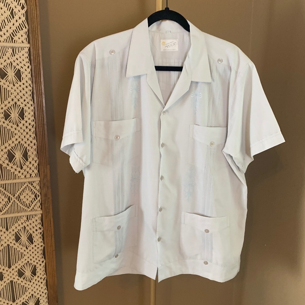 Vintage 80s Yuca Guayabera Shirt‎ - White Embroidered -- men's XL